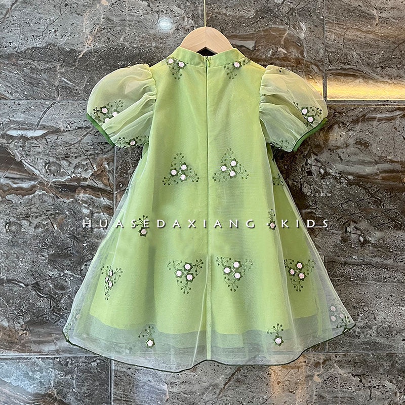 Đầm Công Chúa Phối Lưới Thêu Họa Tiết Phong Cách Trung Hoa Cho Bé Gái