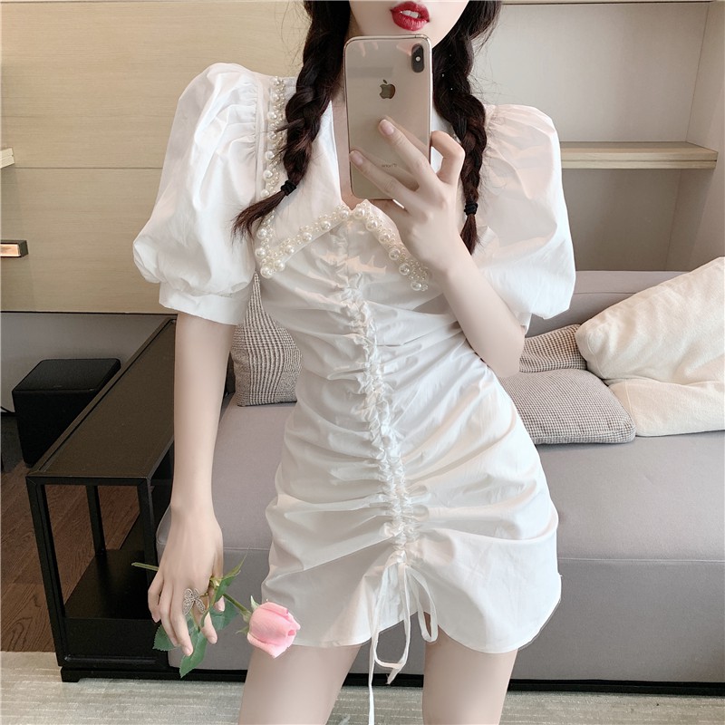 JANE Đầm nhún rút dây sơ mi cổ kết trân châu trắng sang trọng Z4 | BigBuy360 - bigbuy360.vn