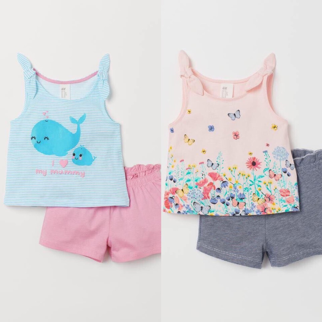 Set 2 bộ ba lỗ Hm chất cotton cho bé gái size 1-6t