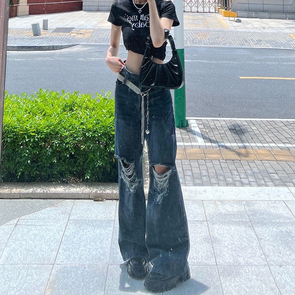 Jiashucheng Quần Jean Dài Lưng Cao Ống Rộng Phối Rách Thời Trang Mùa Xuân Cho Nữ