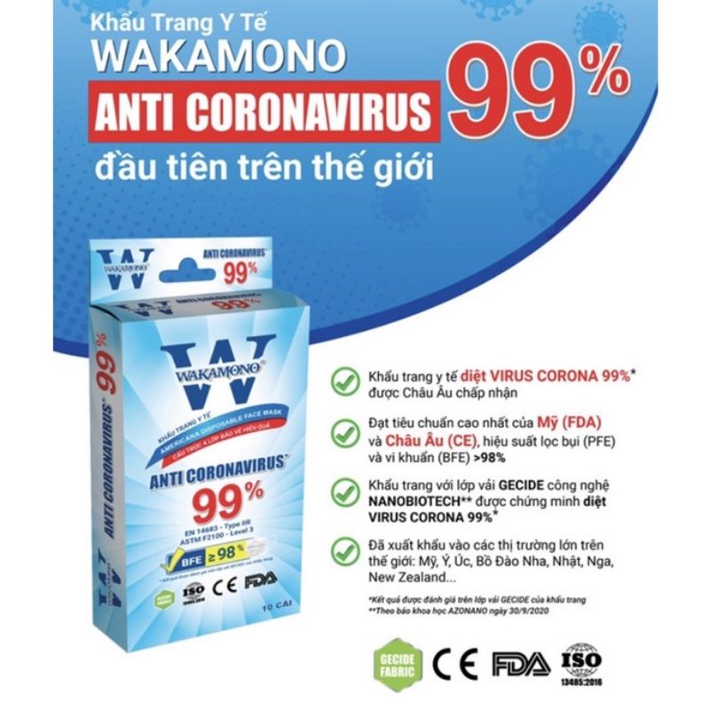 Khẩu trang y tế Wakamono diệt 99% virus Corona ( hộp 10 chiếc)