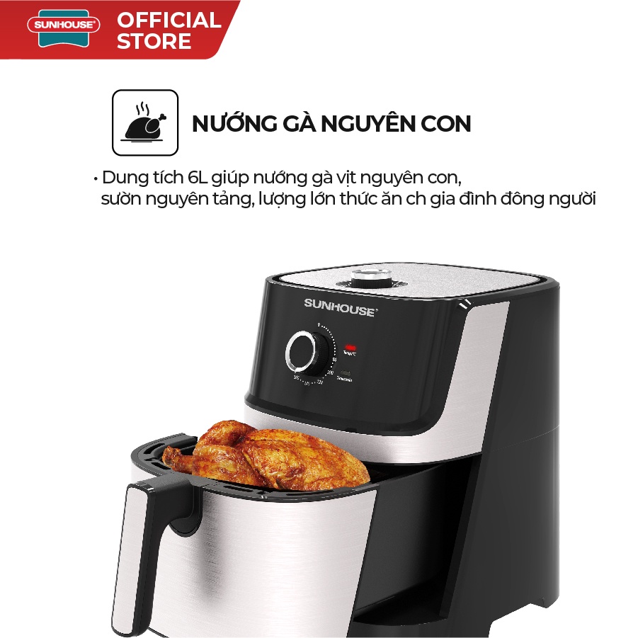 Nồi chiên không dầu 6LSunhouse SHD4027 dung tích 6L, chiên gà vịt nguyên con | Lớp chống dính đa lớp siêu bền, an toàn