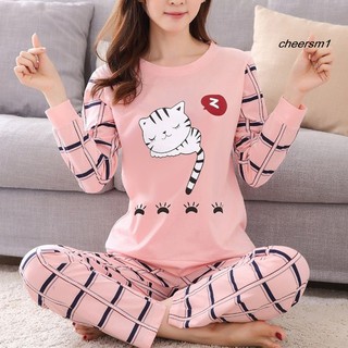 Đồ Ngủ Nữ Winter Cute Cartoon Cat Print Pajama Set Women Two-pieces Long Sleeve Sleepwear