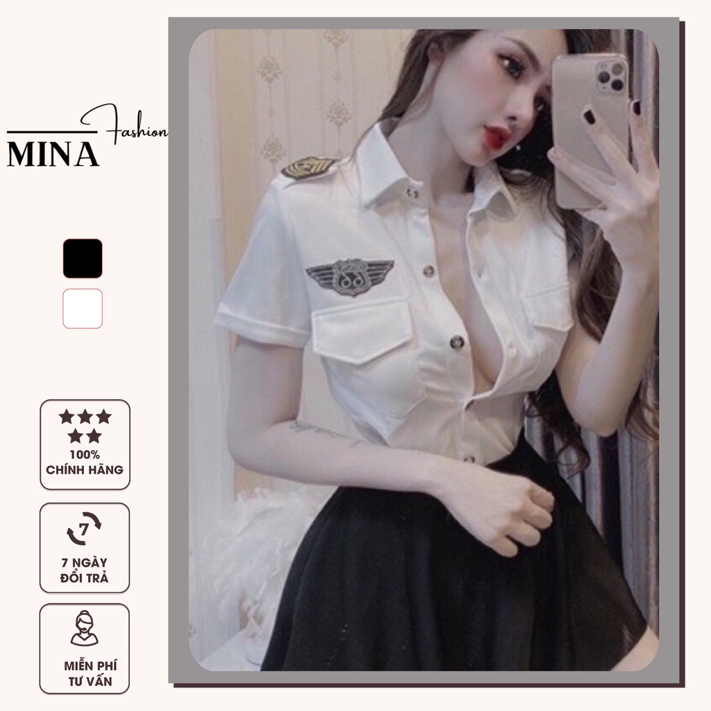 Áo sơ mi nữ cơ trưởng tay ngắn hoa văn pilot phi công STOREMINA OSM08