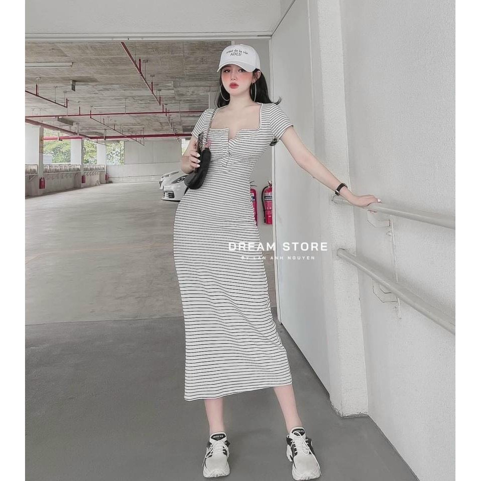 đầm cổ vuông cài nút tay ngắn kẻ sọc xinh dáng dài
