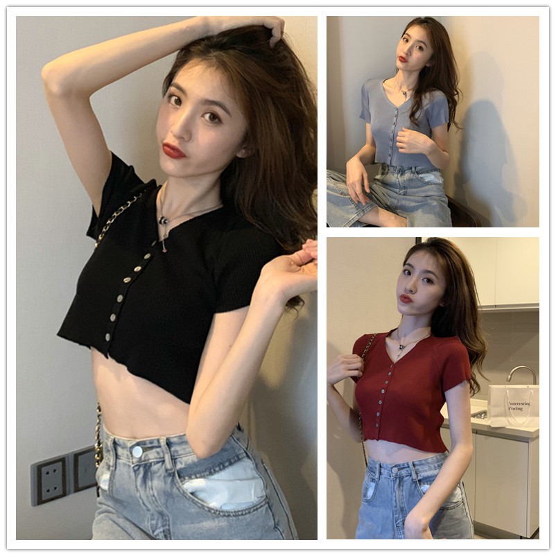 Vintage Knitted Crop Top Knitted Blouse Short Sleeve Casual Knit Korean Black Short Sleeve T Shirt Short Style Thin Red Knitted Short Sleeves Korean Blouses V Collar Knitted Crop Top for Women