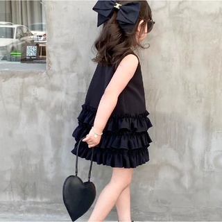 Đầm Mùa Hè Tay Cộc Màu Đen Phong Cách Hàn Quốc Hợp Thời Trang Dễ Thương Cho Bé Gái