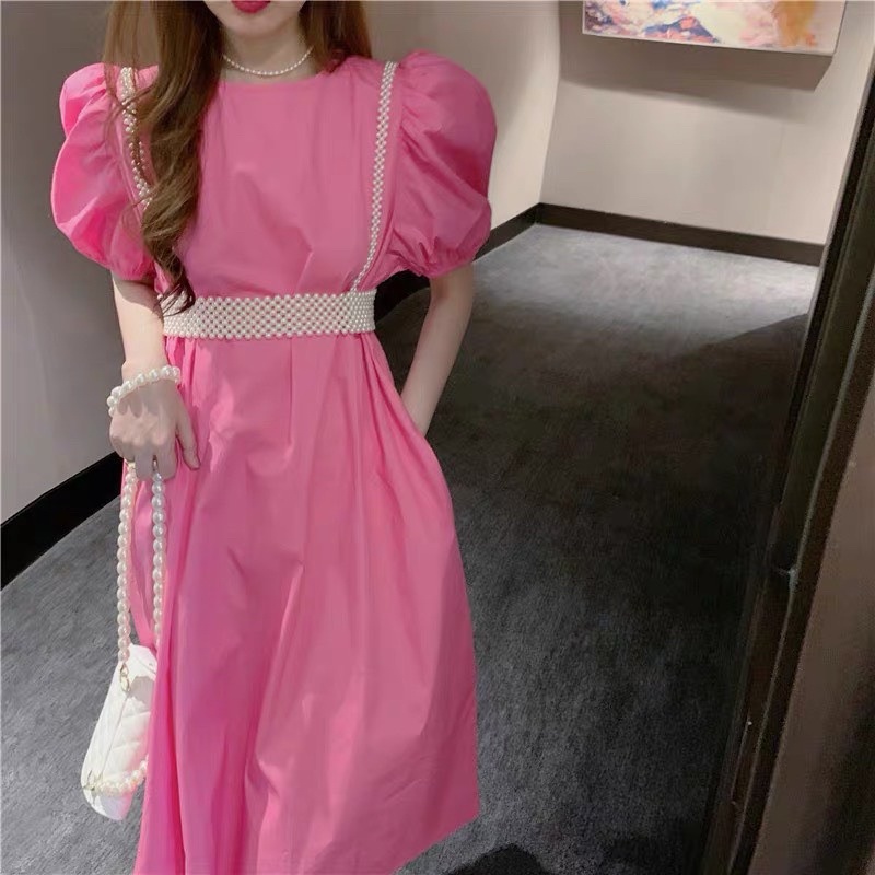 SET ĐẦM BABYDOLL DÀI KÈM DÂY NGỌC CÓ CO GIÃN - MÀU HỒNG