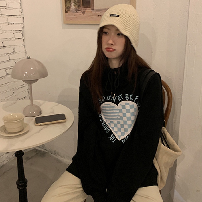 Áo hoodie ZHELIHANGFEI tay dài dáng rộng in họa tiết trái tim tình yêu dễ phối đồ trẻ trung