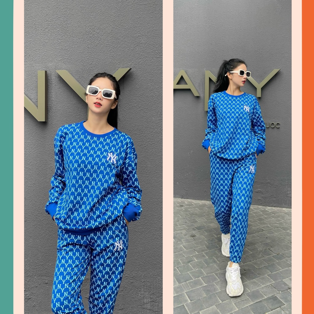 Set quần áo nỉ nam nữ, Set Sweater M.L.B, Bộ quần áo thu đông nữ NY Monogram SW05 - HyMin Clothes