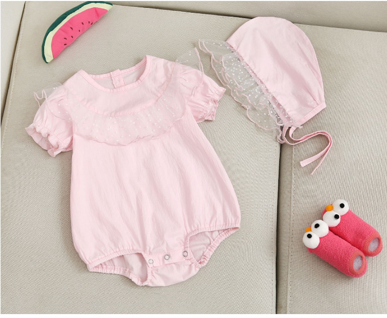 Jumpsuit cổ bèo kèm mũ cho bé gái sơ sinh từ 0-24 tháng tuổi