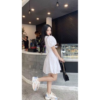 Đầm cổ V đan eo tay phồng