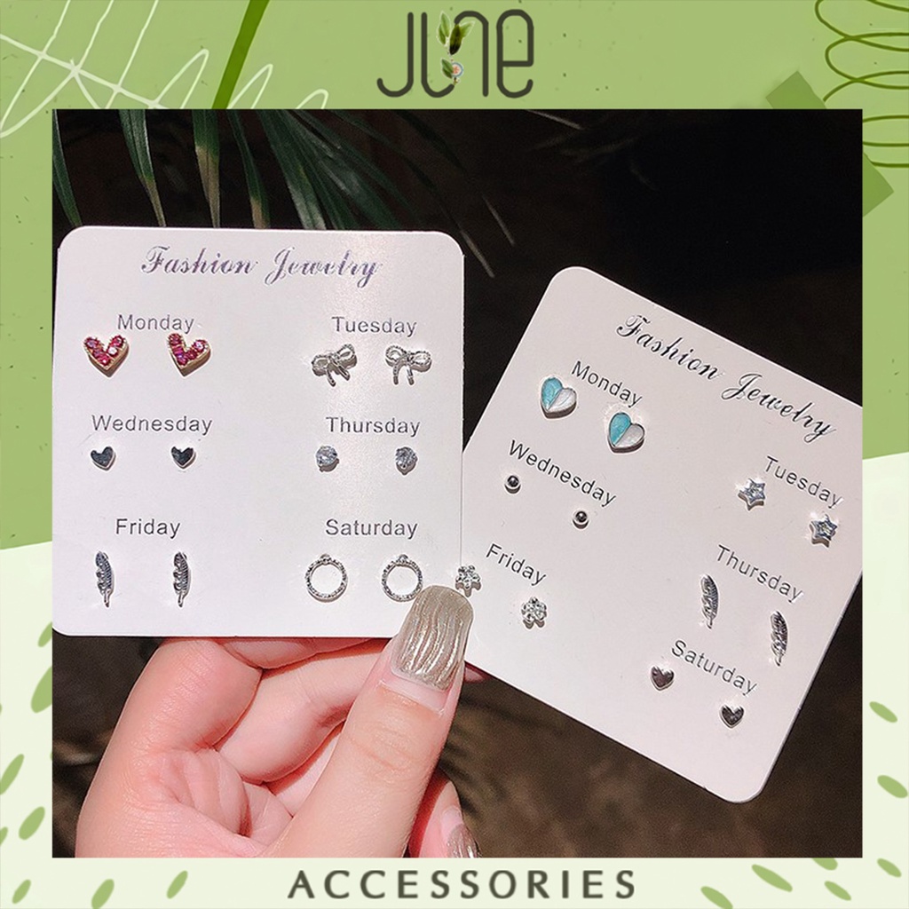 Set 13 đôi Hoa tai chân bạc s925 cute bộ bông tai nhiều mẫu xinh xắn size nhỏ thời trang Hàn Quốc June Accessories
