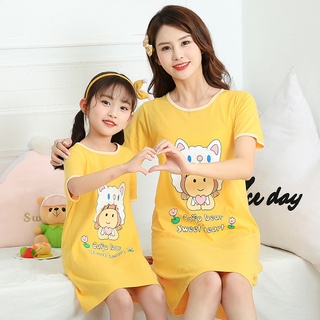 Đầm ngủ cotton tay ngắn in họa tiết thời trang mùa hè cho mẹ và bé