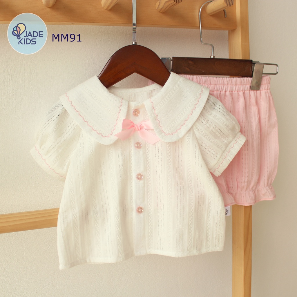 Đồ bộ bé gái, Quần áo bé gái Jadekids mẫu cộc tay cổ sen chất vải mềm mát cổ áo và tay thêu trang trí xinh cho bé