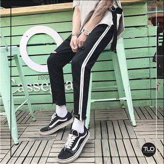 [ QUẦN JEAN BAGGY UNISEX QJ01 ] Màu đen rách gối 2 line trắng