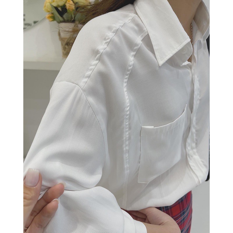 Áo sơ mi nữ trơn vintage chất lụa tăm hàng Quảng Châu bốn màu trắng be xanh mint hồng