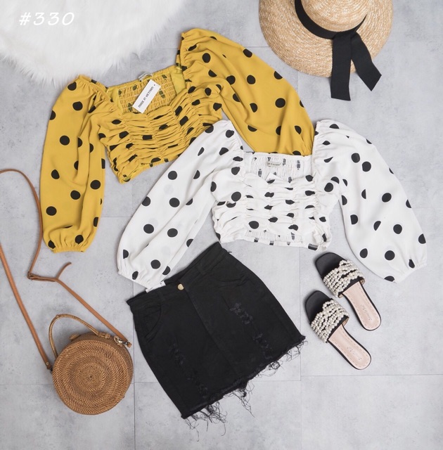 Áo crop bi nhún tay phồng 2 màu xb