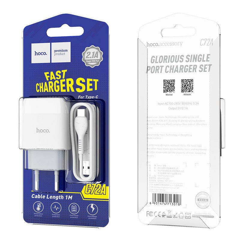 ⚡NowShip⚡ Bộ Củ Sạc Hoco C72/C72A Hỗ Trợ Sạc Nhanh 2.1A Kèm Dây/Micro USB/Type C-Bảo Hành 12T