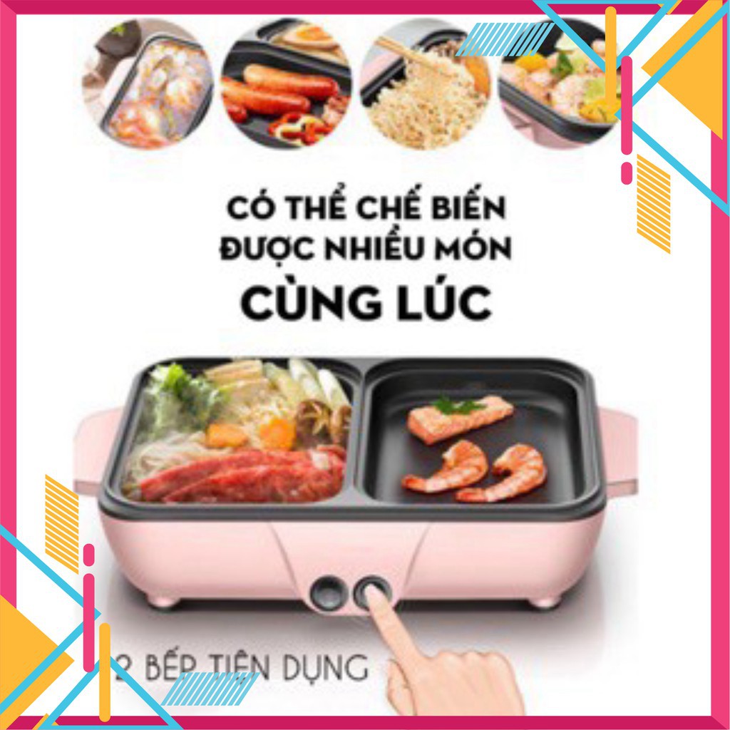 Nồi lẩu nướng điện  Siêu chống dính, Bếp lẩu nướng mini 2 ngăn Cao cấp Bảo hành 6 tháng