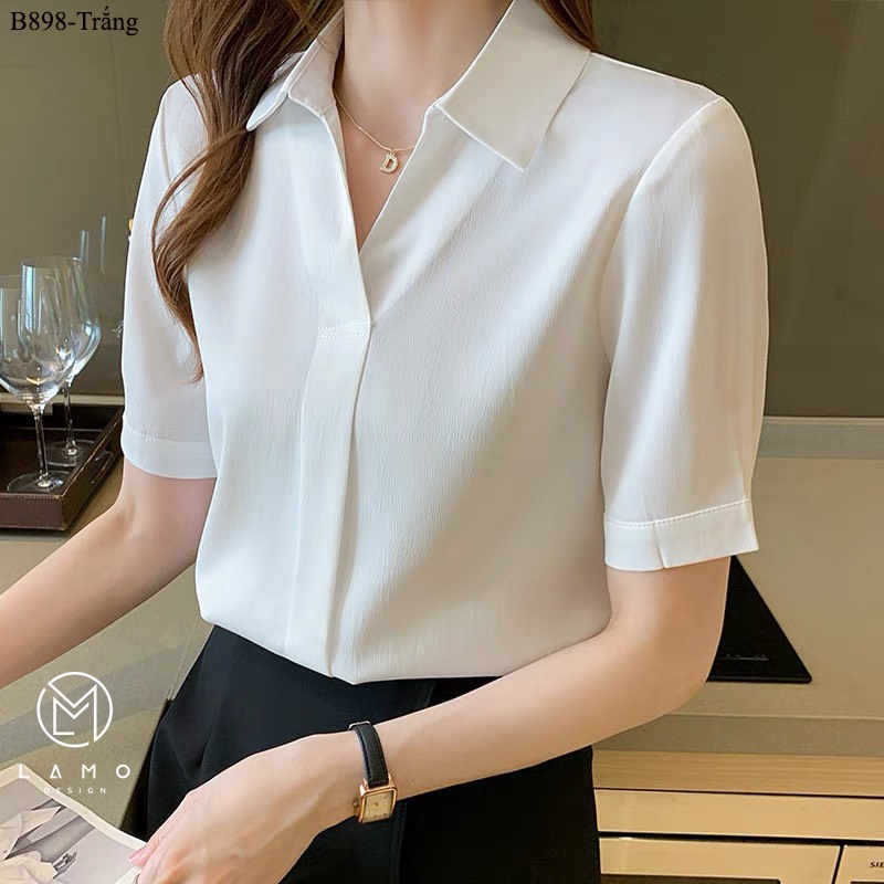Áo sơ mi công sở nữ lụa ngọc trai cổ V tay ngắn B898