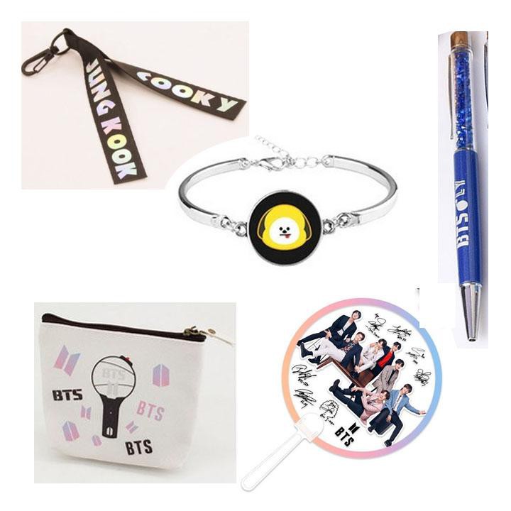 (M69) Combo 4 món đồ BTS gồm tẩy chibi nametag hologram dấu ấn lightstick hộp đựng tai nghe