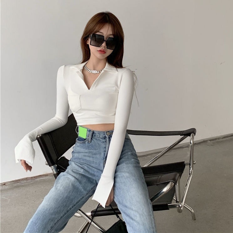 Áo Croptop Tay Dài Dáng Ôm Quyến Rũ Cho Nữ Kiểu Hàn Quốc