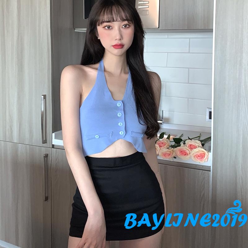 Áo croptop không tay hở lưng gài nút màu trơn thời trang mùa hè 4 màu lựa chọn cho nữ