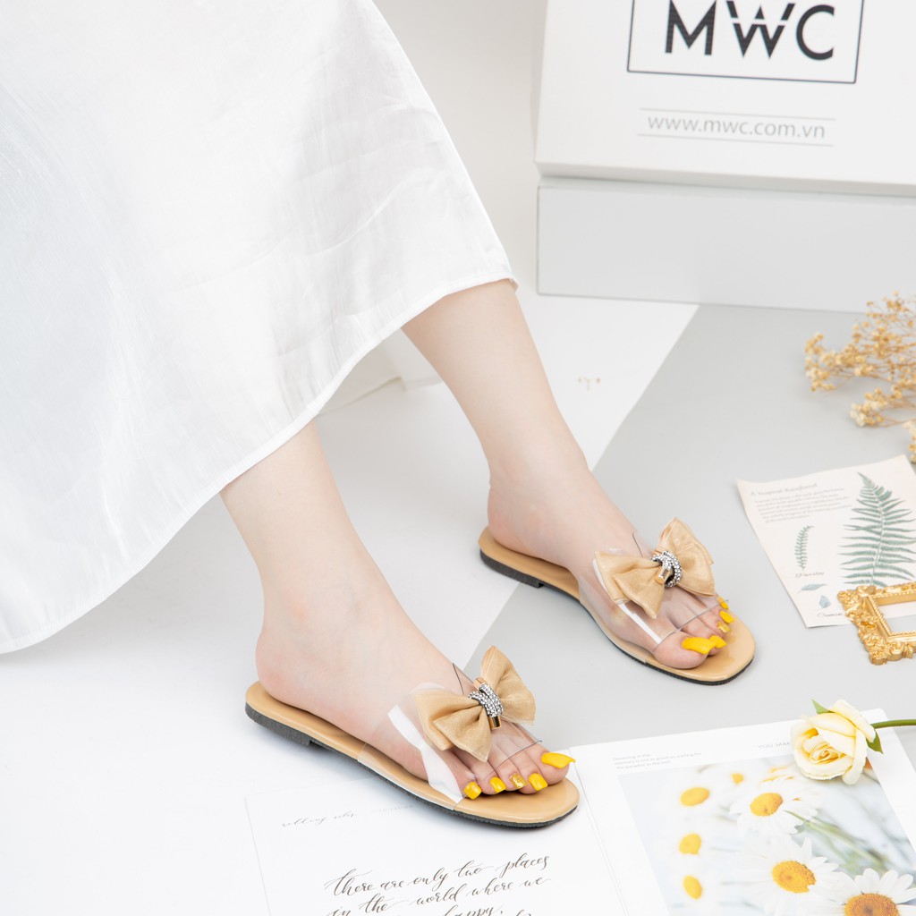 Dép Nữ MWC Đế Bệt Quai Trong Đính Nơ To NUDE - 3410