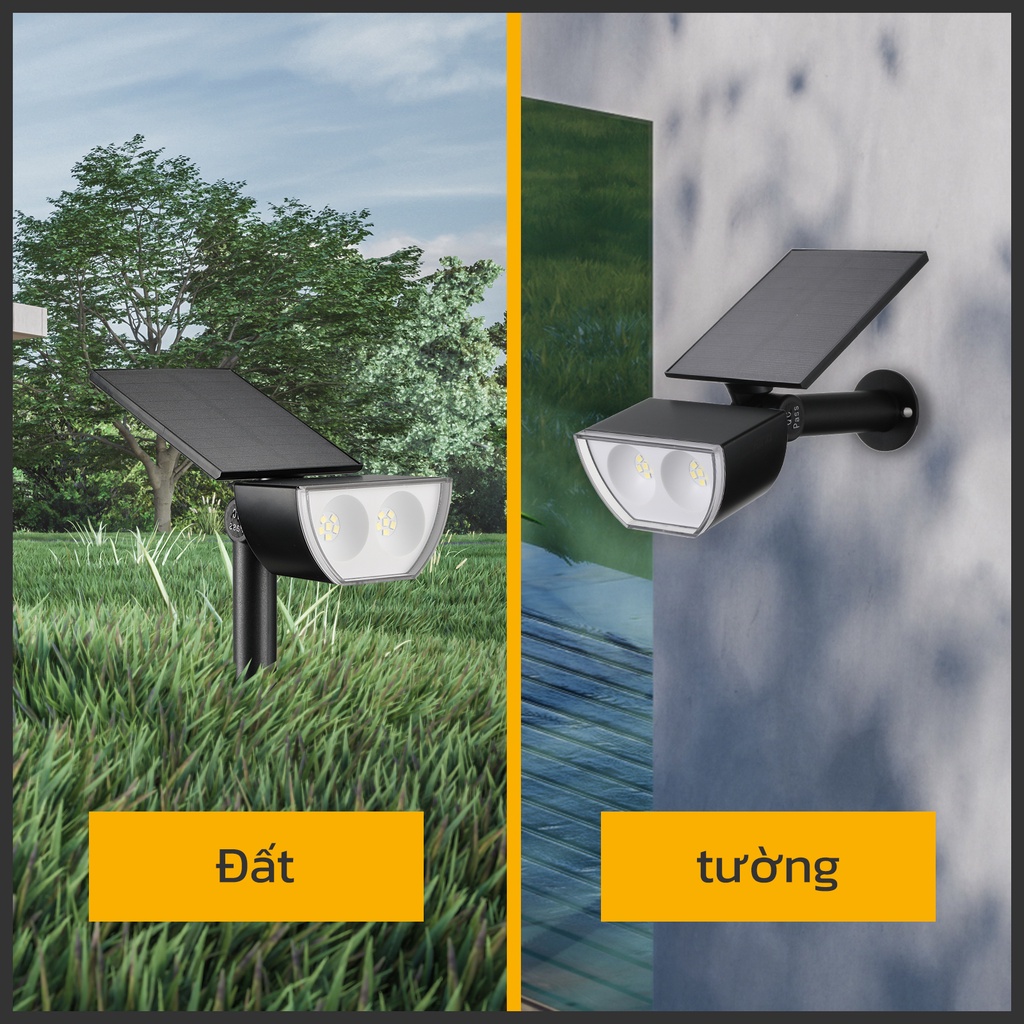 Đèn led HYDERSON IP67 2 bóng sử dụng năng lượng mặt trời chống thấm nước thích hợp cho sân/ đường lái xe/ hiên/ lối đi