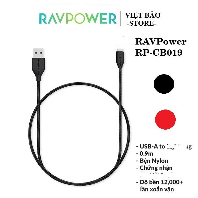Cáp Sạc Light.ning Cho IPh.one RAVPower dài 0.9M RP-CB019 Có M.FI