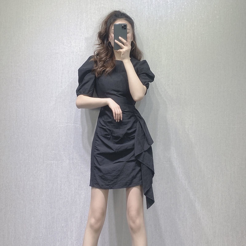 Đầm tay phồng ngắn họa tiết sọc caro phong cách Châu Âu thời trang mùa hè dành cho bạn nữ 2021