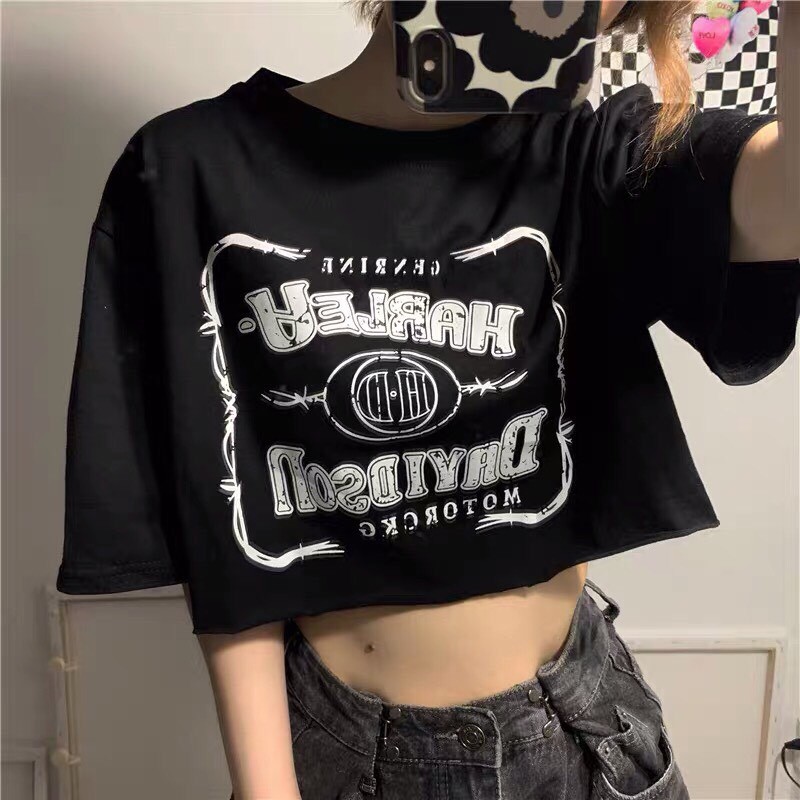 Áo Croptop Harley Unisex- Áo Croptop Cổ Tròn Chữ Harley Davidson Ngắn tay