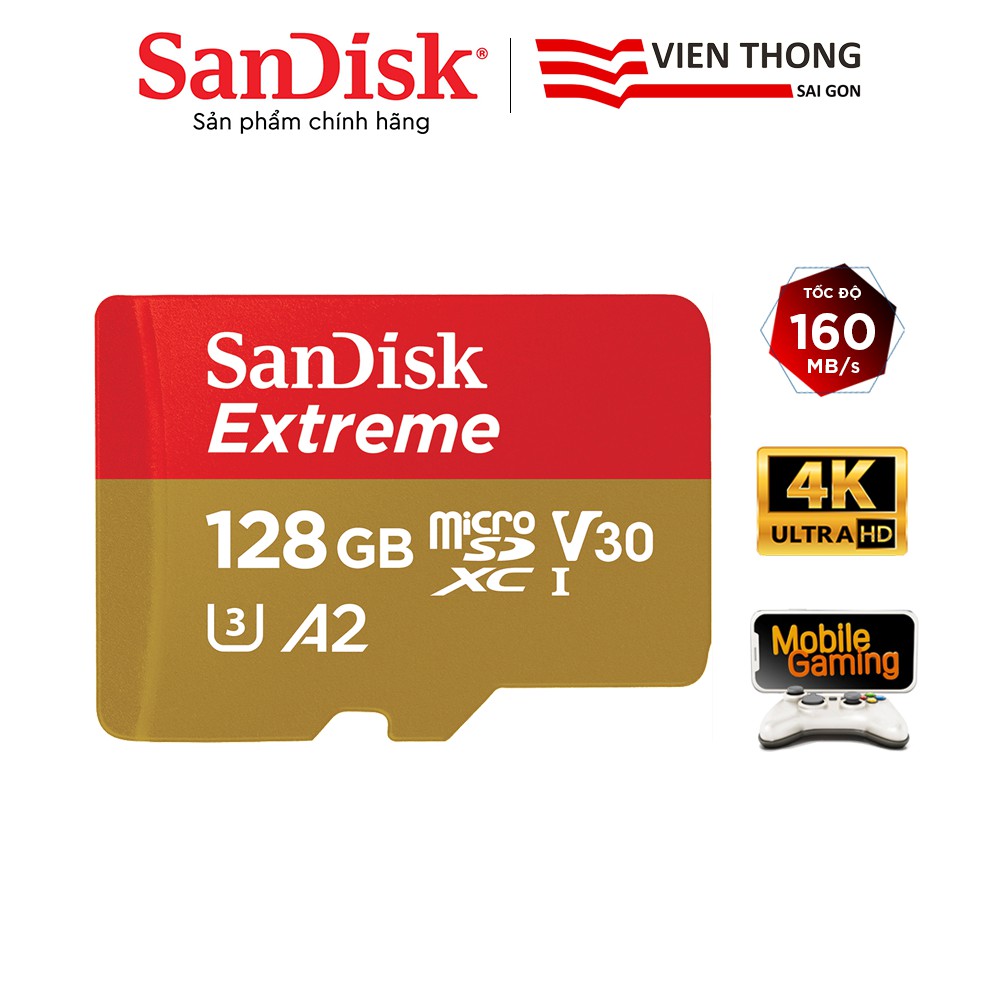 [Mã BMLT50 giảm đến 50K] Thẻ nhớ microSDXC SanDisk Extreme 128GB UHS-I 4K UHD Video A2 U3 V30 upto 160MB/s Mobile Gaming