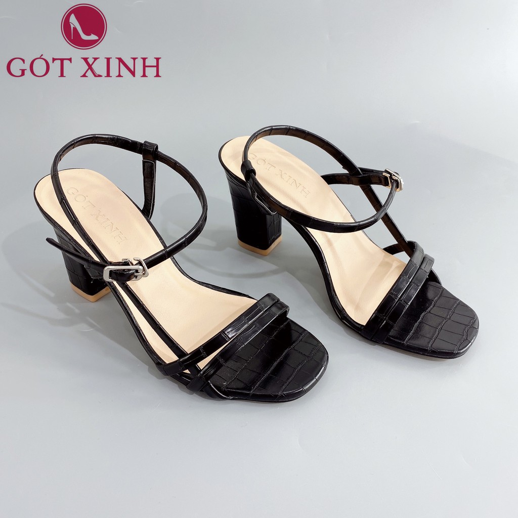 Giày sandal cao gót nữ 7cm GÓT XINH GD11 quai ngang da mềm gót vuông