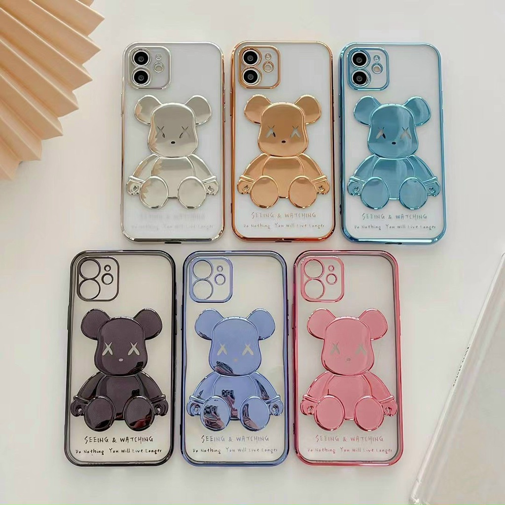 Ốp Ip hình Gấu Bearbrick viền xi Hồng Tím Xanh OP04