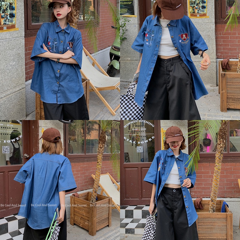  Áo sơ mi denim tay ngắn dáng rộng thêu họa tiết phong cách harajuku retro cho nữ | BigBuy360 - bigbuy360.vn