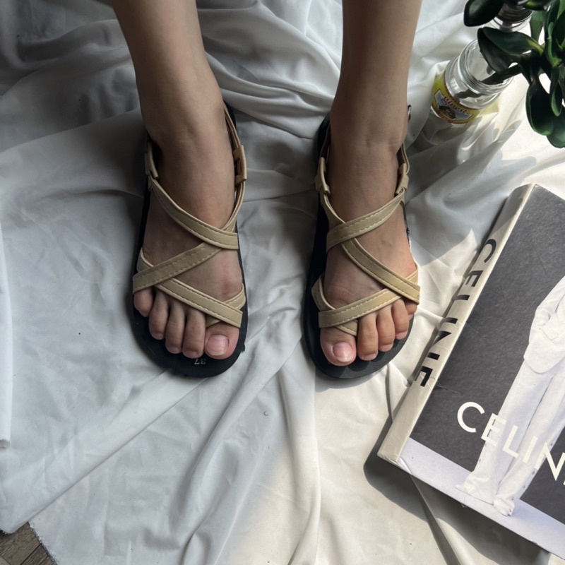 GIày sandal xỏ ngón quai chéo A101 be, đế bệt đi học, đi làm, đi chơi size 30-44 SANDALTHOITRANG