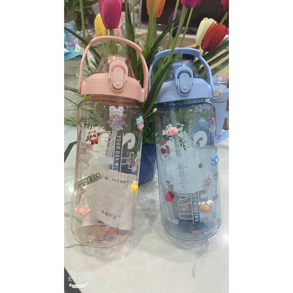 Bình Nước Trong Suốt 2000ML Siêu Xinh Bình Đựng Nước Có Vạch Báo Giờ Uống Nước Kèm Ống Hút Thiết Kế Chống Tràn