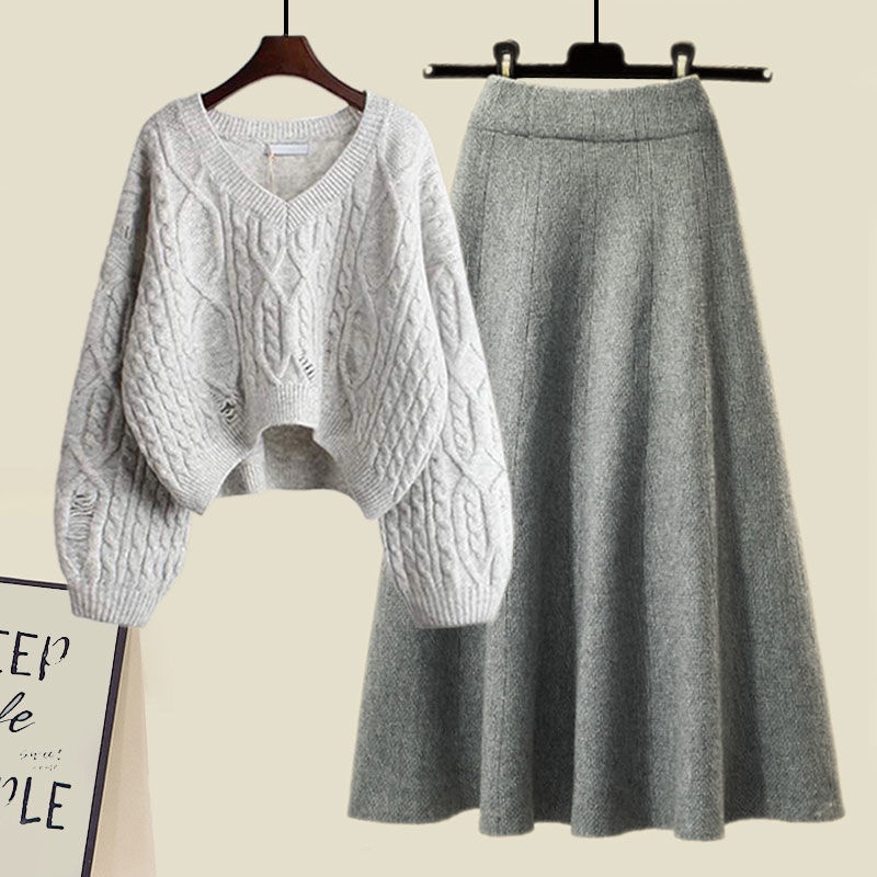 Plus Bộ Áo Sweater Dệt Kim Dáng Ôm Phối Chân Váy Cỡ Lớn Thời Trang Thu Đông 2023 Cho Nữ