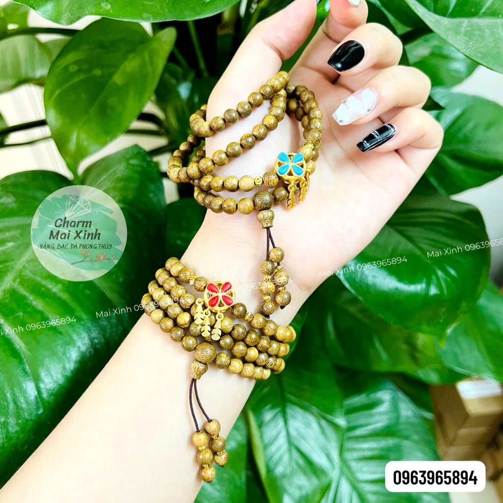 Chuỗi Trầm Hương Tốc 108 hạt mix Cỏ 4 Lá Lông Chim Nhiều Màu - Vòng tay gỗ tự nhiên nam nữ phong thủy