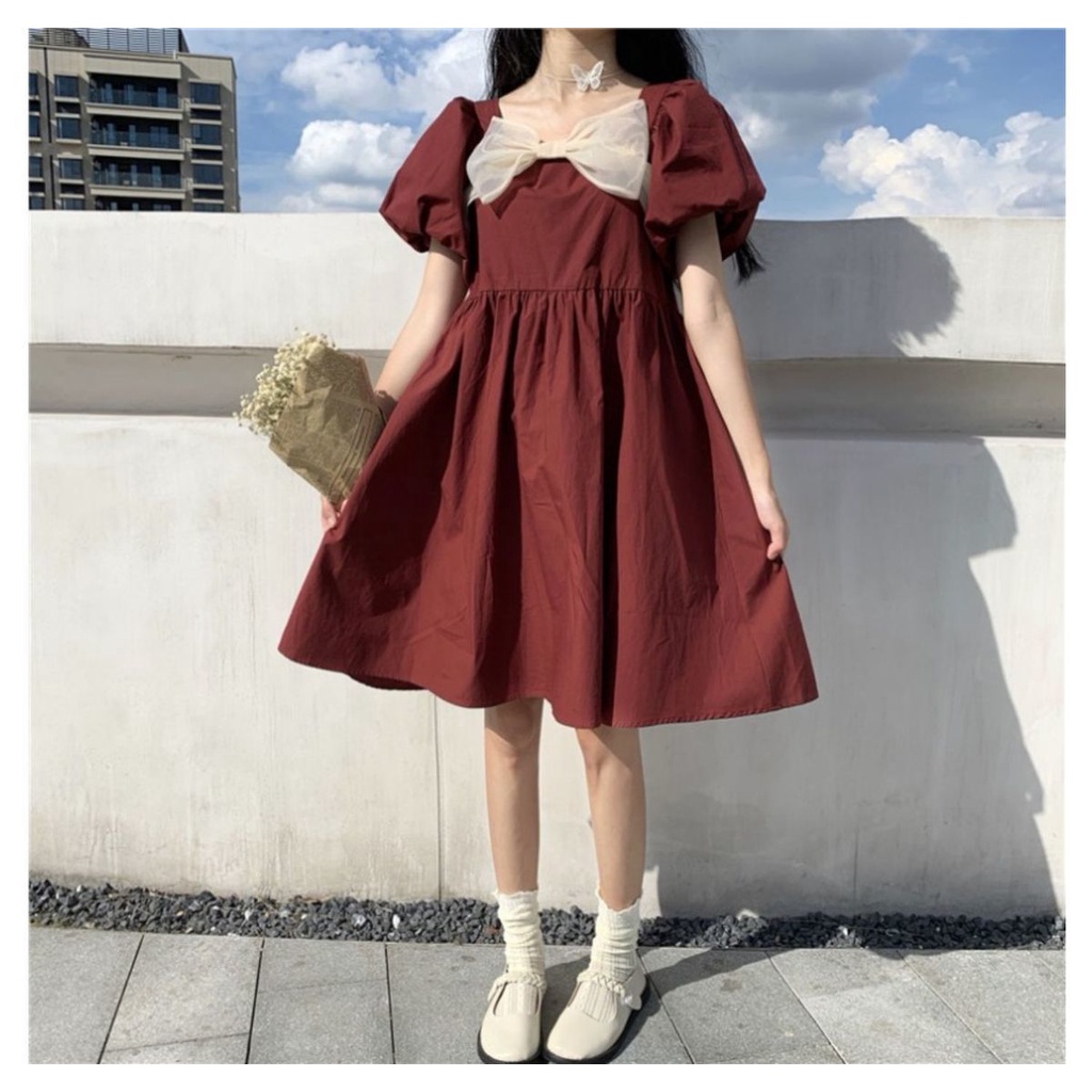 Đầm midi cổ vuông tay phồng màu đỏ kiểu Pháp cổ điển thời trang hè cổ điển cho nữ