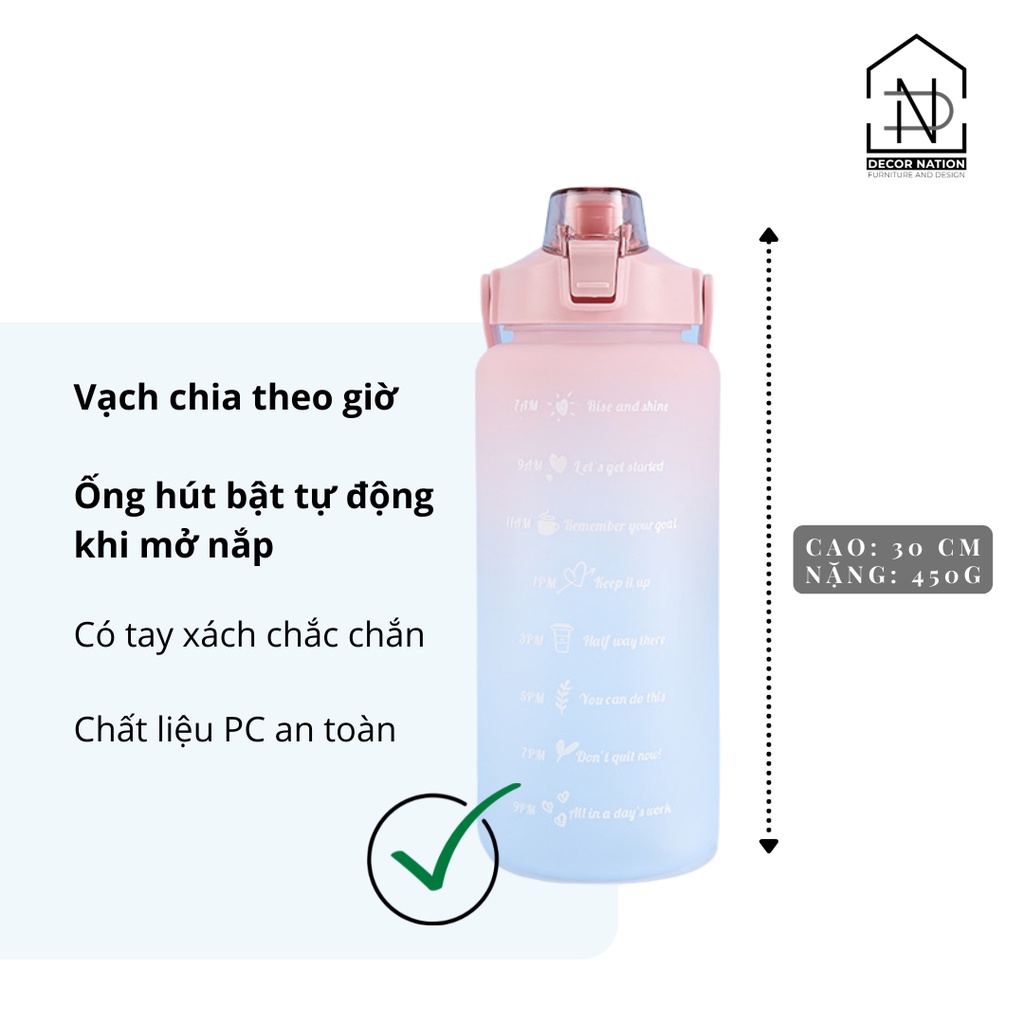 Bình Nước 2 Lít Có Chia Vạch Nhắc Uống Nước Theo Giờ Dành cho người lười uống nước | Nắp Bật Có Ống Hút