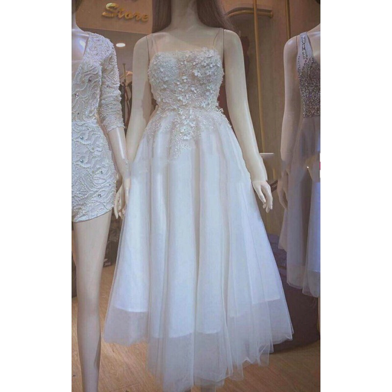 đầm xoè 2 dây kết hoa và cườm nổi