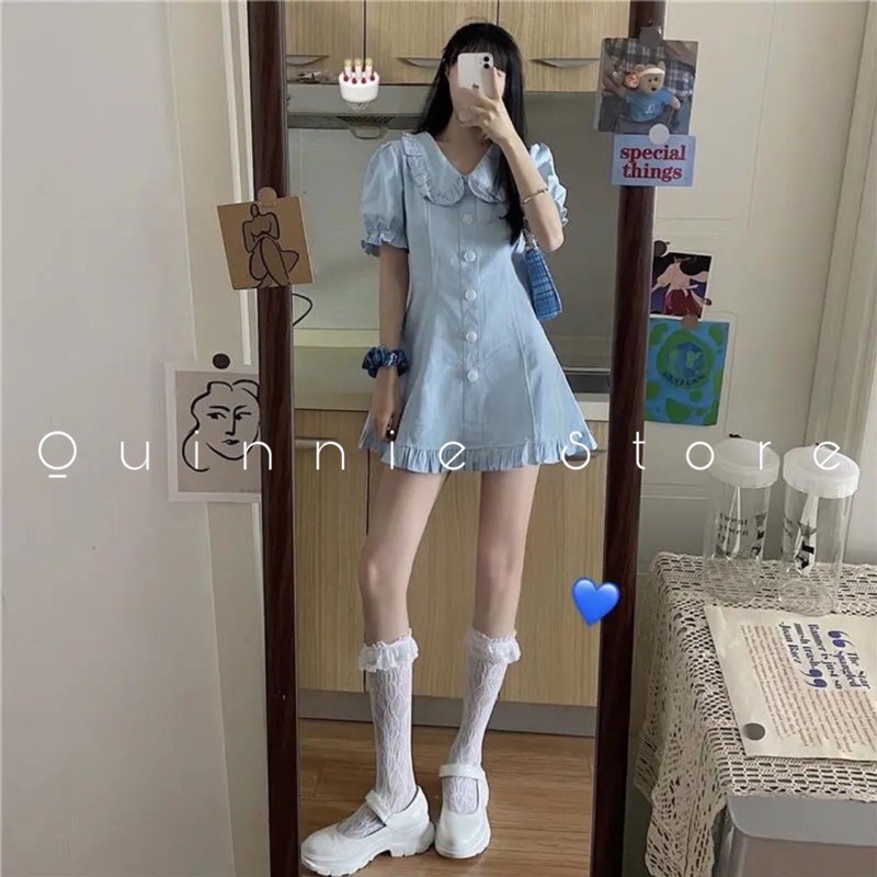 Váy sơmi cổ bèo tay phồng màu xanh dương, đầm khoá kéo | BigBuy360 - bigbuy360.vn