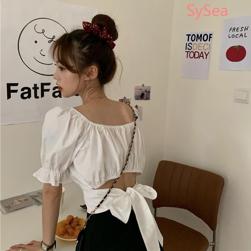 Áo croptop tay ngắn phối nơ thiết kế thanh lịch tùy chọn màu sắc