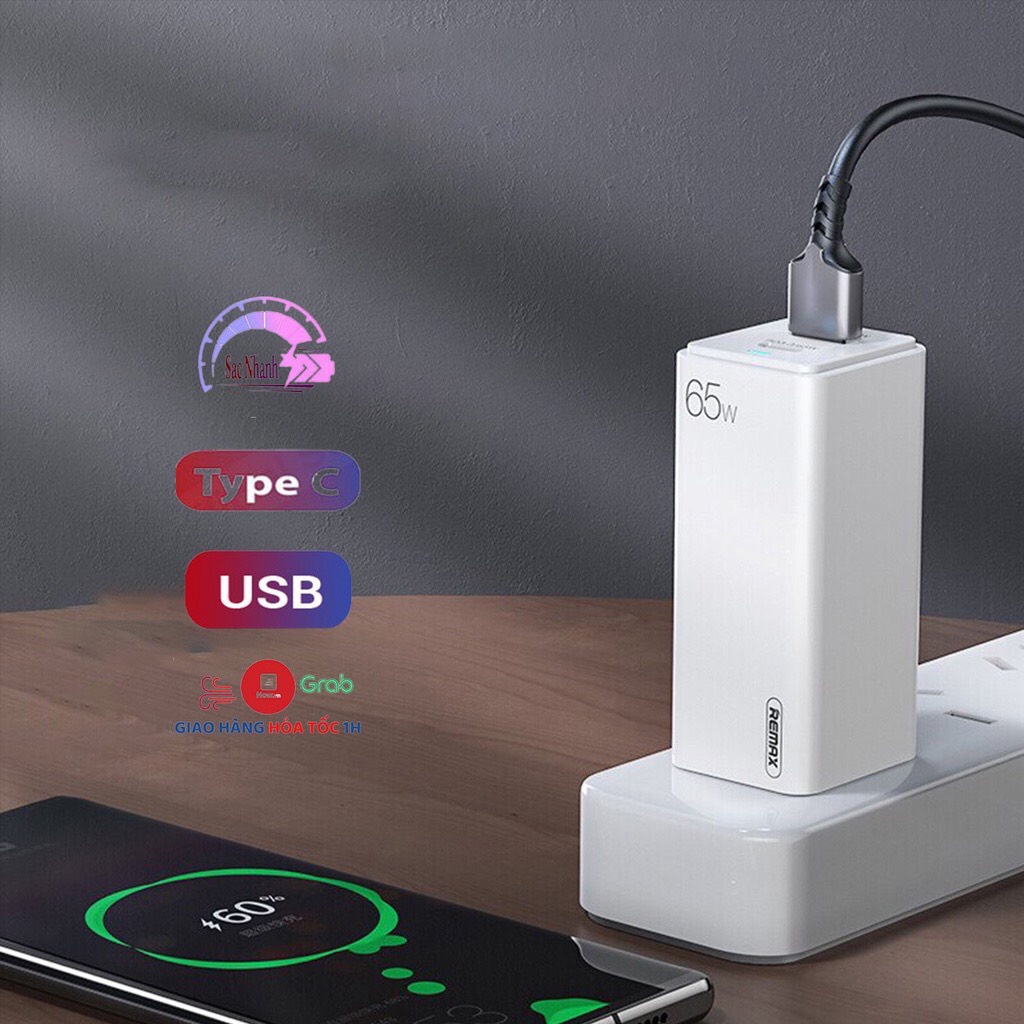 Củ sạc nhanh 65w GaN pro Remax RP U31 hỗ trợ sạc nhanh 65w cho Smart phone laptop có 2 cổng Type-C và 1 cổng USB