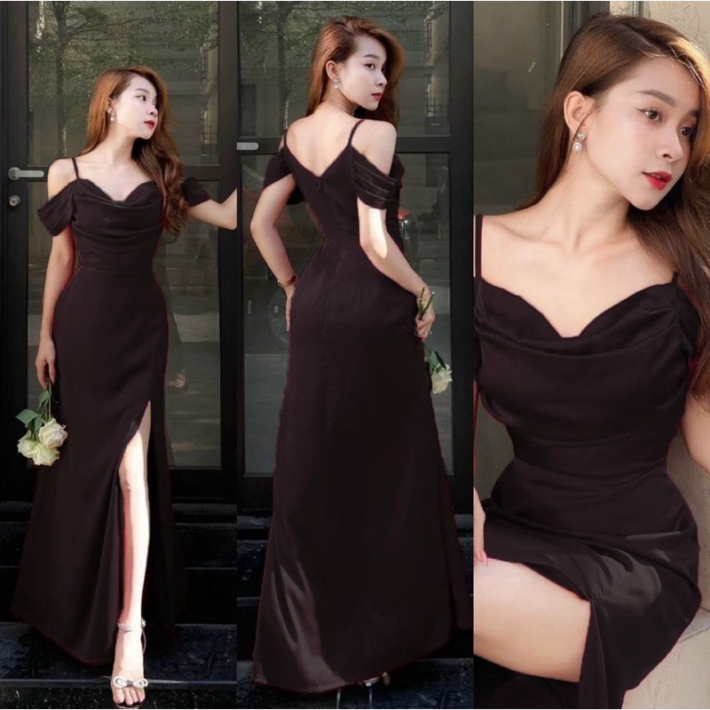 ĐẦM MAXI CỔ ĐỔ RỚT VAI XẺ ĐÙI FULL SIZE S/M/L/XL