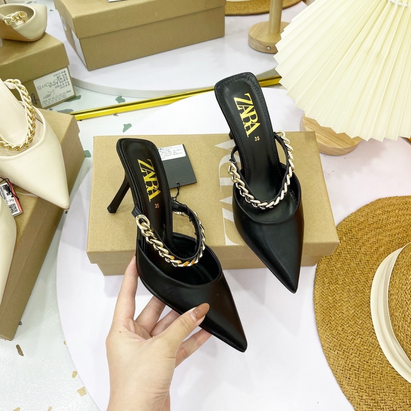 Sục cao gót Za ra tag xích 2 màu đen trắng