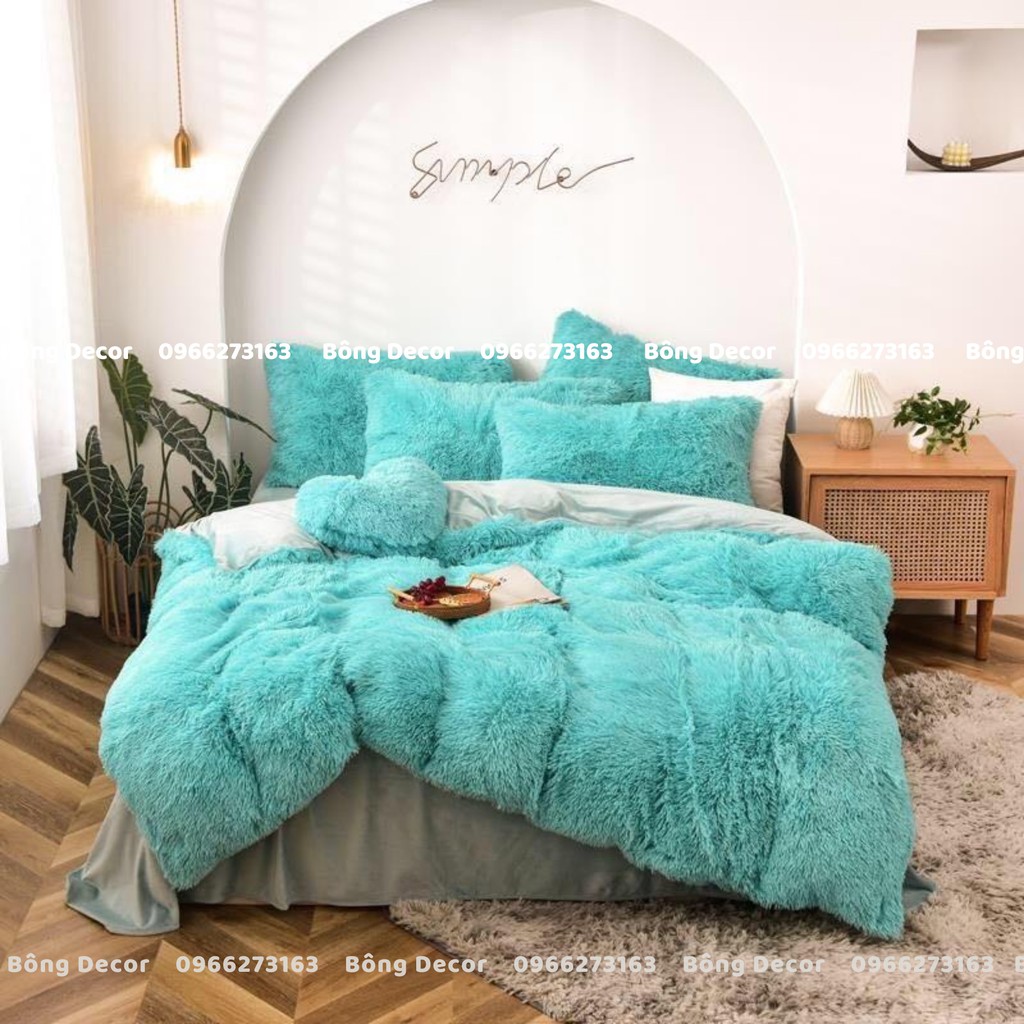 Bộ Chăn Ga Gối Nỉ Nhung Lông 5 Món HIN BEDDING Cao Cấp Tặng Kèm Túi Xách Và Gối Tim